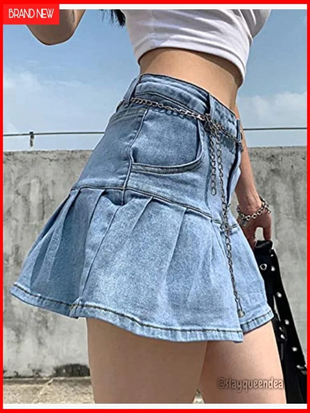 Pleated Denim Mini Skirt High Waist A-Line Slim Fit with Pockets